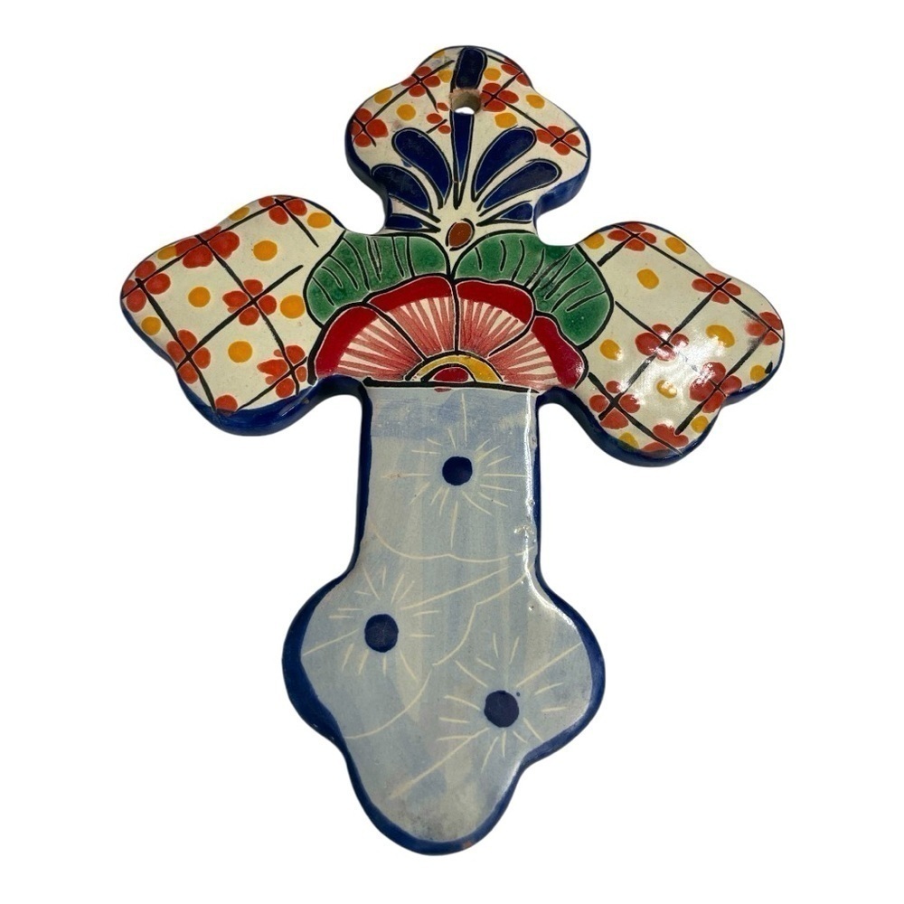 Mexican Pottery Talavera Cross Folk Art Ceramic Cross Crucifixes Wall 8” x 6.5”